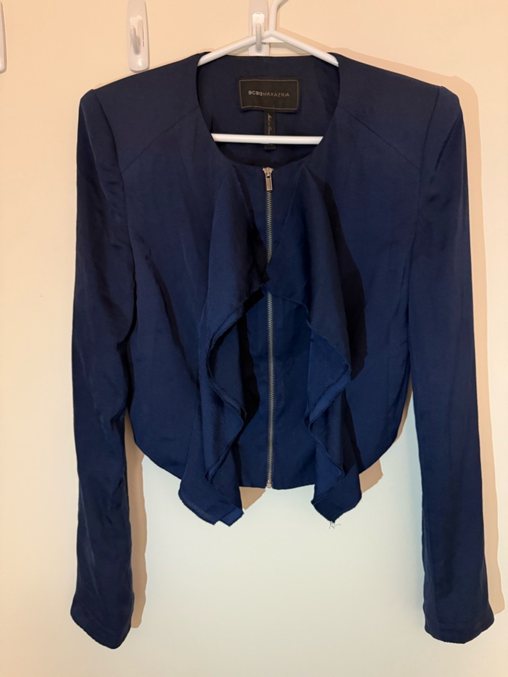 BCBGMaxAzria Navy Ruffle-Front Zip Blazer